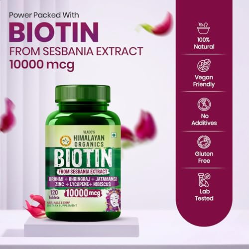 Image of Vlado's Himalayan Organics Biotin Tablets for Hair Growth -10000mcg Biotin Supplement - With Brahmi, Jatamansi, Bhringraj, Hibiscus, Lycopene, Bamoo Extract & Vitamin C with Zinc I Hair Supplements for Women & Men - 120 Tablets