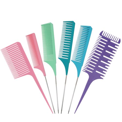 SIMPOR 6 Piece Professional Highlighting Comb Set Weaving and Foiling Combs for Balayage Metal Pin Rat Tail Comb for Precision Sectioning Colorful Anti-Static Styling Tools for Hair Dyeing