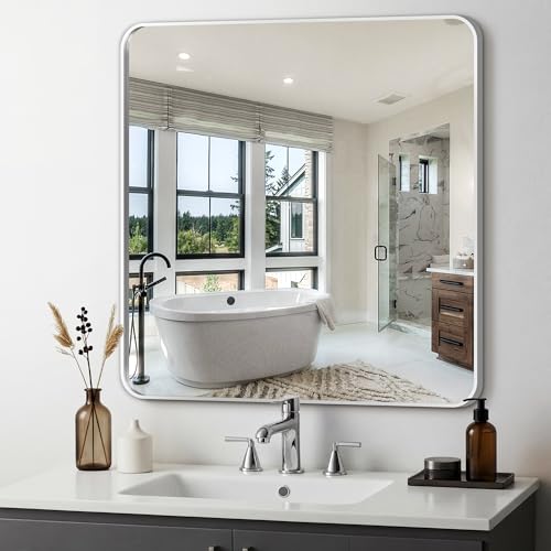 Image of Delma Bathroom Vanity Mirror, Silver Framed Mirror for Over Sink, 30x30 | HD glass, distortion-free for makeup and grooming, Sturdy frame, all mounting hardware, hangs horizontal or vertical