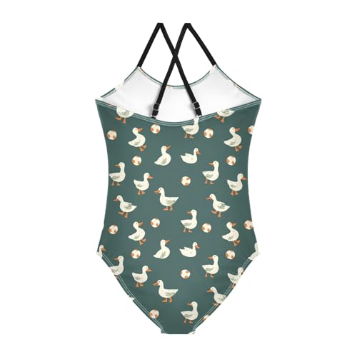 senya Girls Swimsuits One-Piece Swimwear Tie Bathing Suit Beach Summer Round Neck 7-8T Duck Football Pattern2