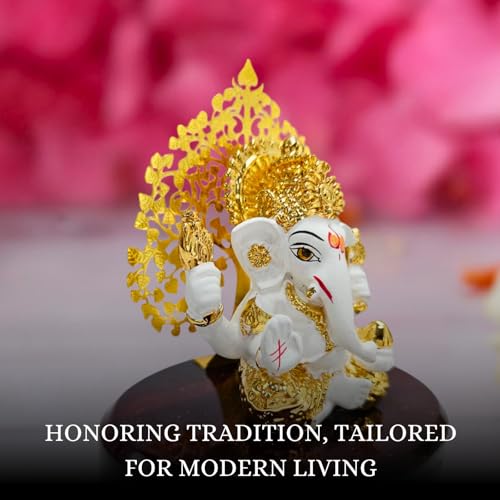 Image of 24k Gold Plated Kalpavrikshya Tree Ganesh Idol Ganpati Murti for Car Dashboard, Office Desk, Hindu God Gift & Home Decor - Resin (White)