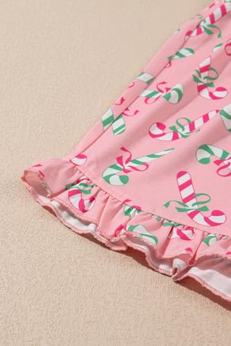Image of KevaMolly Women Novelty Knotted Candy Cane Christmas Pajama Set | Christmas Floral Bow Print PJ Set, Button Lapel Knotted Drawstring Shorts with Convenient Side Pockets