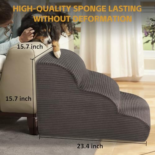 Curved Dog Stairs Ramp for Beds Couches and Chair, 15.7\" H, 3-Step Dog Steps for Small Dogs, Pet Stairs for Cats with Non-Slip, Removable and Washable Cover,Balanced Pet Steps Indoor, Deep Grey