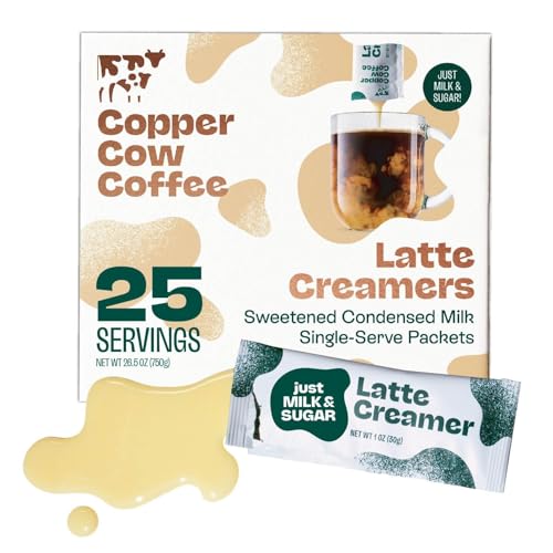 Copper Cow Coffee Sweetened Condensed Milk Coffee Creamer Singles (25 pack) | Vietnamese Inspired Coffee Creamer, All Natural Creamer Packets for Pour Overs & Lattes | No Refrigeration Needed