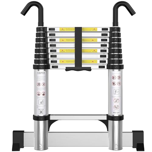 Telescoping Ladder with Hooks 8.5 FT - Aluminum Telescopic Ladder with Stabilizer - Retractable Extension Ladders for Home Loft Roof RV Work with EN131 Certification - 330lbs Max Capacity