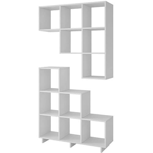 Manhattan Comfort Cascavel Stair Cubbies Collection 6 Storage Cube Shelves In Stair Shape Includes Brackets For Wall Placement, Set Of 2, White #TOP12