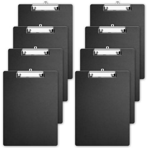 Klemmbrett A4, 8 Stück Schreibbrett Zwischenablage Schreibblock Schreibplatte mit Aufhängeose und Metallklammern Kunststoff Klemmbretter A4 Clipboard für Studenten Lehrer Büro Schule, Schwarz