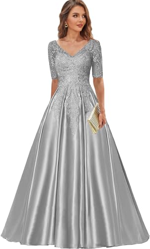 Satin Mother of The Bride Dresses with Sleeves Long Formal Evening Gowns for Women