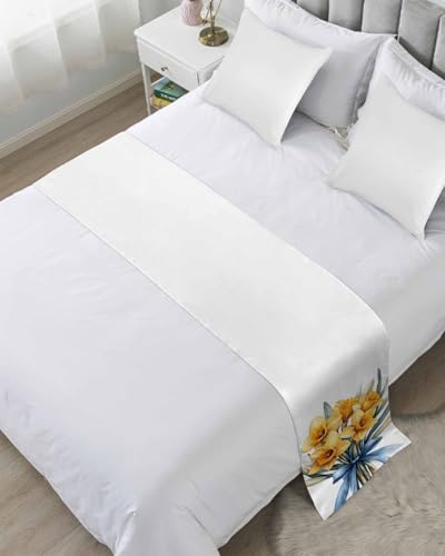 Spring Floral Bouquet Bed Runner for Cal. King Size, Yellow Botanical Garden Florals Bedspread Protector Slipcover Bed Scarf for Foot Runners & Scarves for Bedroom Hotel Wedding Room 94x20 Inches