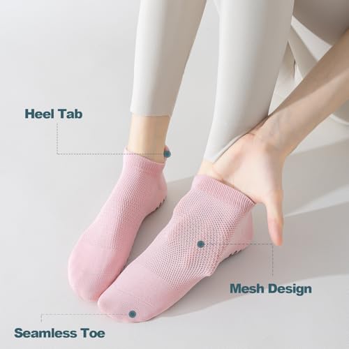 Pilates Socks with Grips for Women, 4 Pairs Non Slip Yoga Athletic Ankle Socks for Ballet Barre Dance Workout3