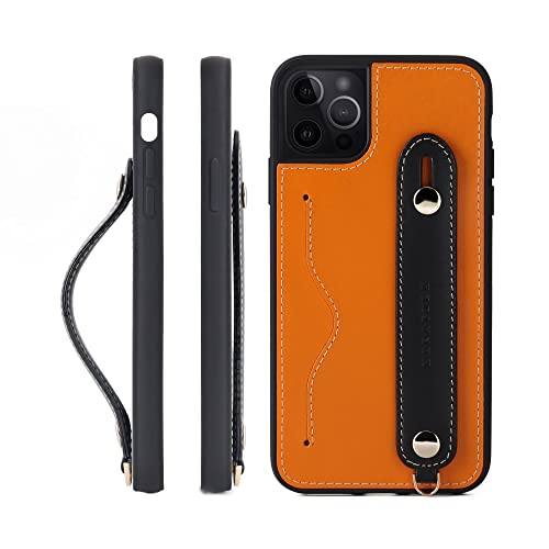 iPhone 14 Pro Max ケース 本革 グリップケース レザー ストラップ付属 イタリア製牛革 ヌメ革 片手操作 カード収納 スタンド機能 メンズ レディース オレンジ/ブラック CGH-14ProMax-Orange-BK