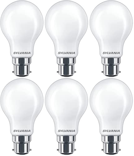 SYLVANIA GLS Frosted LED Light Bulb, Dimmable, B22, 7W, 806 Lumens, Warm White 2700K - 6 Pack