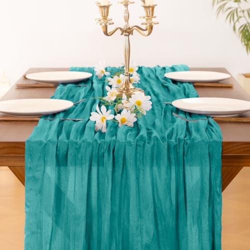 Image of Socomi 2pcs Teal Blue Spring Cheesecloth Table Runner Boho Rustic Gauze 120 inch 10FT Cheese Cloth Runner for Wedding Party Baby Shower Birthday Home Decor