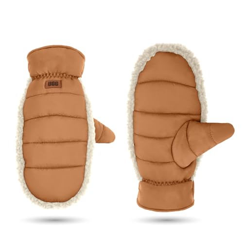 UGG Womens AW Uggfluff Mitten - Graphic Leather Logo Cozy and Stylish Winter Accessory Chestnut Small/Medium