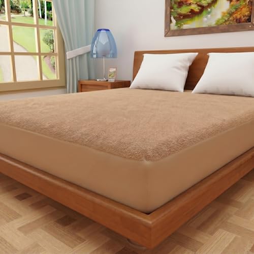 DREAM CARE Water Proof Terry Cloth Fitted Mattress Protector 78x48 Inch for Single Bed with Elastic Strap | Water Resistant Ultra Soft Mattress Cover | Hypoallergenic Bed Cover (Beige, Pack of 1)