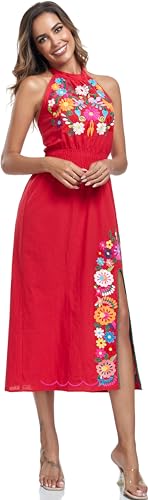 Image of Womens Mexican Floral Embroidered Halter Maxi Dress Side Slit Boho Dress