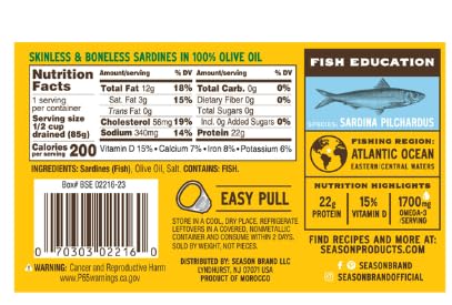 Miniatura 2 de Sardinas de temporada en aceite de oliva virgen extra, sin piel y sin hueso, capturadas en la naturaleza, 0.76 oz de proteína, aperitivos Keto, más