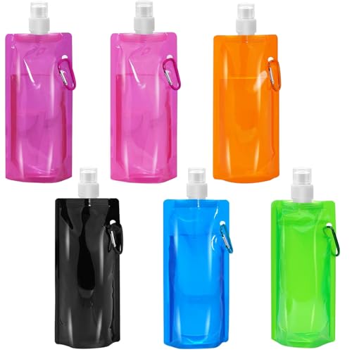 Zorplex Lot de 6 Bouteilles d'Eau Pliables De 480 ml, Réutilisables et Sans Bpa, Légères et Portables avec Mousqueton, Souples Pliantes pour Voyage,...