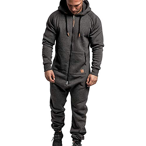 Sfit Homme Combinaison à Capuche Polaire Survêtement de Sport Une Pièce Romper Casual Grenouillères Zippé Tenue de Sport Jogging Fitness(Gris foncé，L)