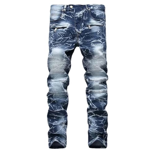 Men's Vintage Zipper Pocket Jeans High Street Motorcycle Stretch Slim Straight Denim Trousers
