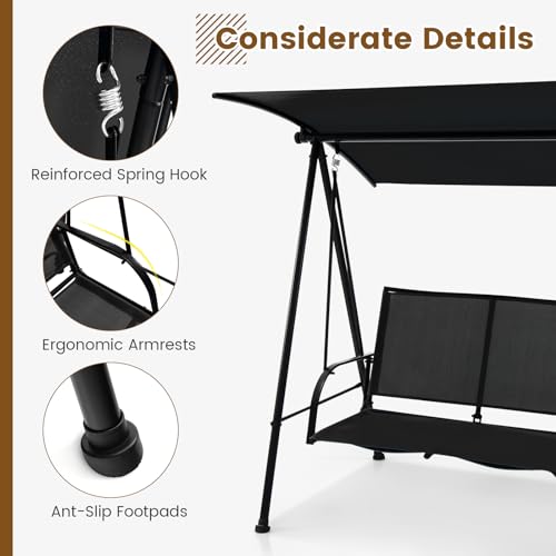Image of HAPPYGRILL 2-Person Outdoor Swing with Canopy, Patio Porch Swing Chair with Heavy-Duty Metal Frame, Breathable Seat Fabric, Patio Loveseat Swing for Backyard, Balcony, Poolside