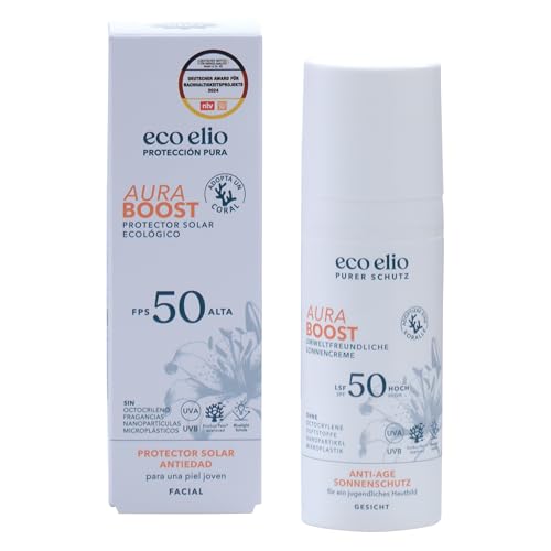 eco elio Aura Viva Protector Solar Facial SPF 50, Natural, Sin Octocrileno ni Microplásticos, Reef Safe, Cosmética Eco para la Cara, Ideal Piel Sensible, Uso Diario, Formato Viaje Compacto 50ml