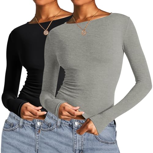 Image of AKEWEI Long Sleeve Crop Tops for Women 2 Pack Fall Going Out Outfits Cute Tight Basic Tees Shirt