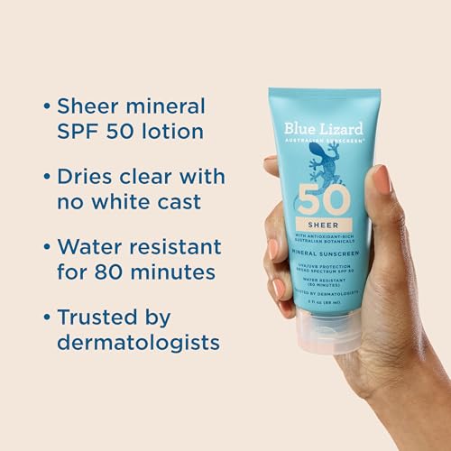 Image of Blue Lizard Sheer Mineral SPF 50 Sunscreen Lotion, Zinc Oxide, 100% Mineral Formula, Nourishes with Australian Desert Lime and Peach, Paraben-Free, Fragrance-Free, 3 fl oz, (Pack of 2)