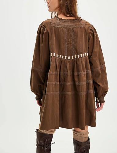 Y2k Women Lace Bow Tie Front Mini Dress Flowy Long Puff Sleeve Embroidered Babydoll Tunic Short Dresses A Line4