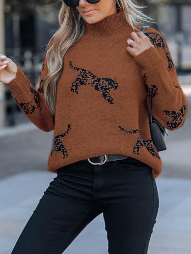 Image of CUPSHE Womens Sweaters Mock Neck Knitted Pullover | Leopard Long Sleeve Knit Top, Butter Soft and Lightweight Fabrics, Casual Fit, Fall Outfits, Winter Clothing, Trendy Fashion