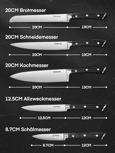 D.Perlla Knife Set, 6-Piece Kitchen Knife Sets, Knife Block Set with High Carbon German Stainless Steel, Sharp Knife Set with Stylish Acacia Wood Block, Black