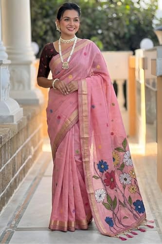 Image of SGF11 Women's Soft Cotton Linen Silk Saree With Blouse Piece