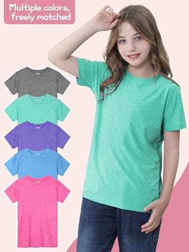 Image of QWE 5 Pack Girls Shirts Athletic Dry-Fit Shirts for Girls Short Sleeve Tshirts Kids Clothes Teens Tops