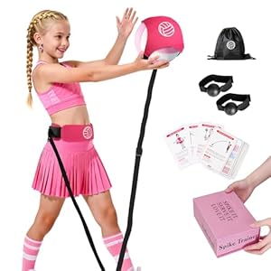 Volleyball Training Equipment (No Ball Included): 6-Piece Pink Solo Volleyball Trainer Set with Training Cards for Serving, Spiking, Setting & Hitting – Gift for Teen Girls and Beginner Player