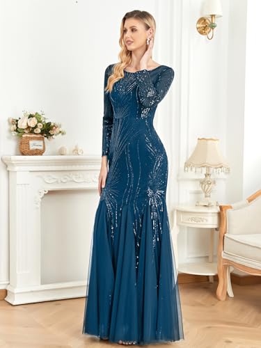 Image of Long Sleeve Sequin Evening Dress Glitter Mermaid Long Gown for Mother of The Bride Or Wedding Guest