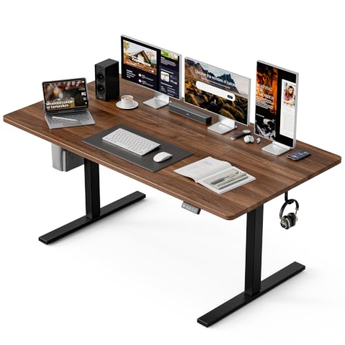 Image of Grandder 63x32 Large Electric Standing Desk, Height Adjustable Computer Desk with 2 Memory Presets, 31.5 inch Deep Desktop Sit Stand Desk Home Office Desk Workstation Table with Hooks, Walnut