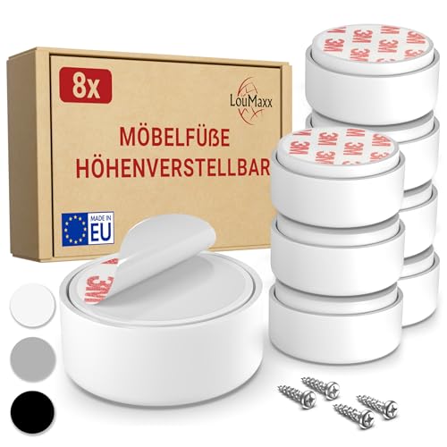 LouMaxx Möbelfüße höhenverstellbar Füße für Möbel Ø 55 5 mm aus Kunststoff weiß Hochwertige Möbelerhöhung zum Kleben oder Schrauben 8er Set Gleitfüße in inkl. Montagematerial