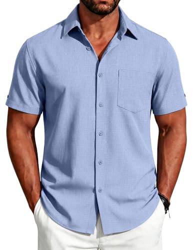 Image of COOFANDY Men's Button Down Shirts Short Sleeve Casual Shirts Summer Beach Linen Shirts with Pocket