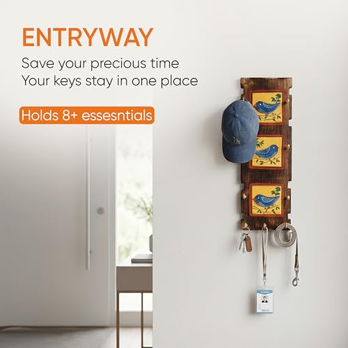 Image of AAKRITI ART CREATIONS Key Holder, Love Birds Key Holder with Key Hangers | Rustic Wooden Wall Organizer with 9 Hooks | New Home Gifts | Multifunctional Entryway Decor Item
