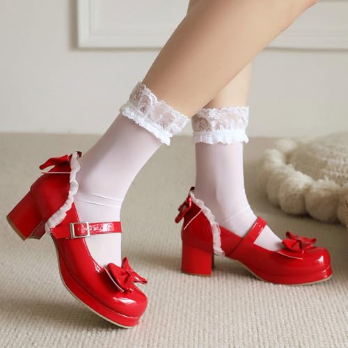 KysBloes Women Kawaii Shoes Sweet Mary Janes Platform Lace Cute Pumps Mid Block Heel Buckle Pumps with Bow4
