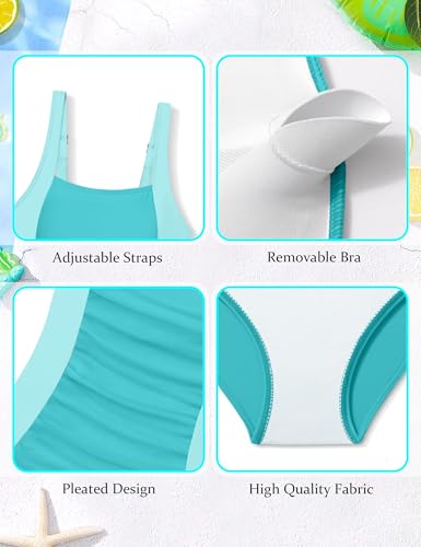 Image of Girl Swimsuit One Piece Bathing Suit for Girls Solid Color Ruched Adjustable Straps Padded Swimwear 9-18y