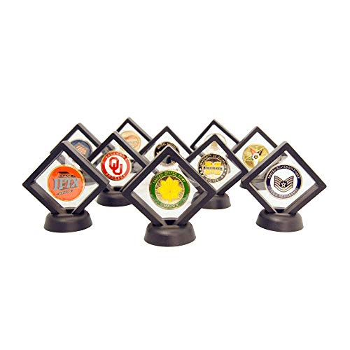 DECOMIL Coin Display Stand -Set of 10 3D Floating Frame Display Holder with Stands for Challenge Coins, AA Medallions, Jewelry, 2.75 x 2.75 x 0.75 Inches (10, Black)