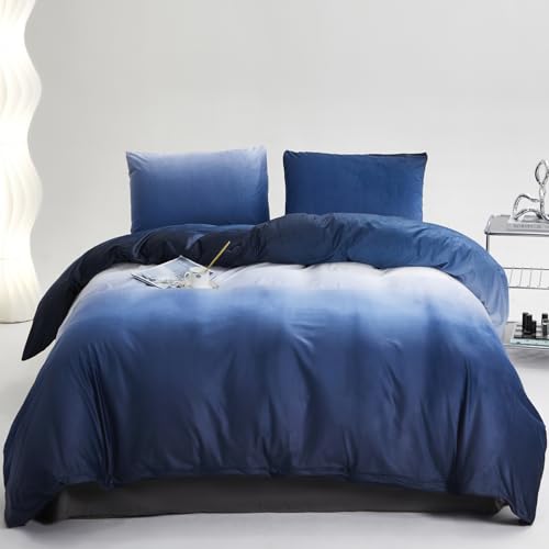 KAREVER Blue White Gradient Comforter Set King Blue Velvet Bedding Comforter Modern Plain White and Royal Blue Gradient Soft Quilt Farmhouse Flannel Comforter Warm King Bed Comforter