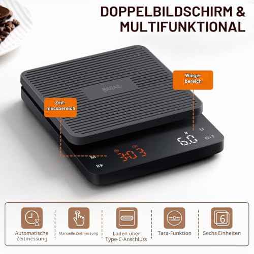 Bagail Digitale Kaffeewaage mit Timer 0,1 g Hochpräzise Elektronische Küchenwaage mit Großem Display und Automatischer Tarierung… – Ansicht 2