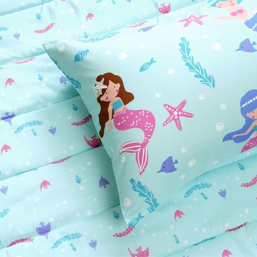 Image of david's kids 4 Piece Toddler Bedding Set - Soft Breathable Toddler Bedding Set for Boys Girls, Includes Quilted Comforter, Flat Sheet, Fitted Sheet and Pillowcase, Mermaid