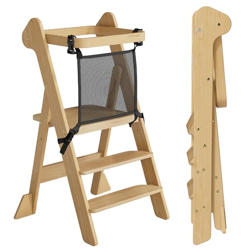 COSYLAND Foldable Wooden Toddler Kitchen Stool, 2-Level Adjustable Standing Tower with Anti-tip Feet, iF Award-Winning Portable Kitchen Helper for Children Aged 18 Months to 6 Years (Natural) by COSYLAND - Used condition - CA$81.59
