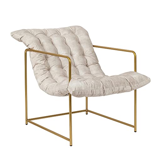 Gia Mid Century Modern Accent Chair For Living Room, Bedroom, And Office, Set Of 1, Upholstered In Beige Velvet Fabric With Gold Metal Base #TOP13