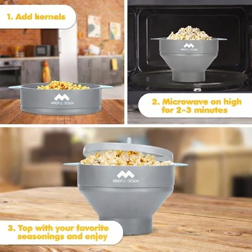 Image of The Original Mindful Design Microwave Popcorn Popper - Silicone Bowl, BPA-Free & Dishwasher Safe (Grey)
