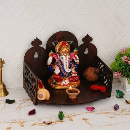CAPIO ART Handcrafted Engineered Wood Hanging Puja Temple Stylish Wall Mounted Wooden Mandir for Pooja Room Devghar Stand for Home and Shops - (Brown)