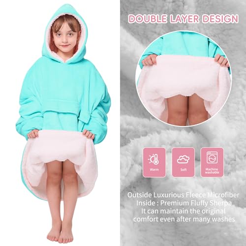 yescool Wearable Blanket Kids Hoodie, Birthday Teen Girls Gifts for 8-15 Year Old Kids Oversized Sweatshirt Sherpa Flannel Cozy Hooded Blanket with Pocket for Children, Youth Teens, One Size, Teal